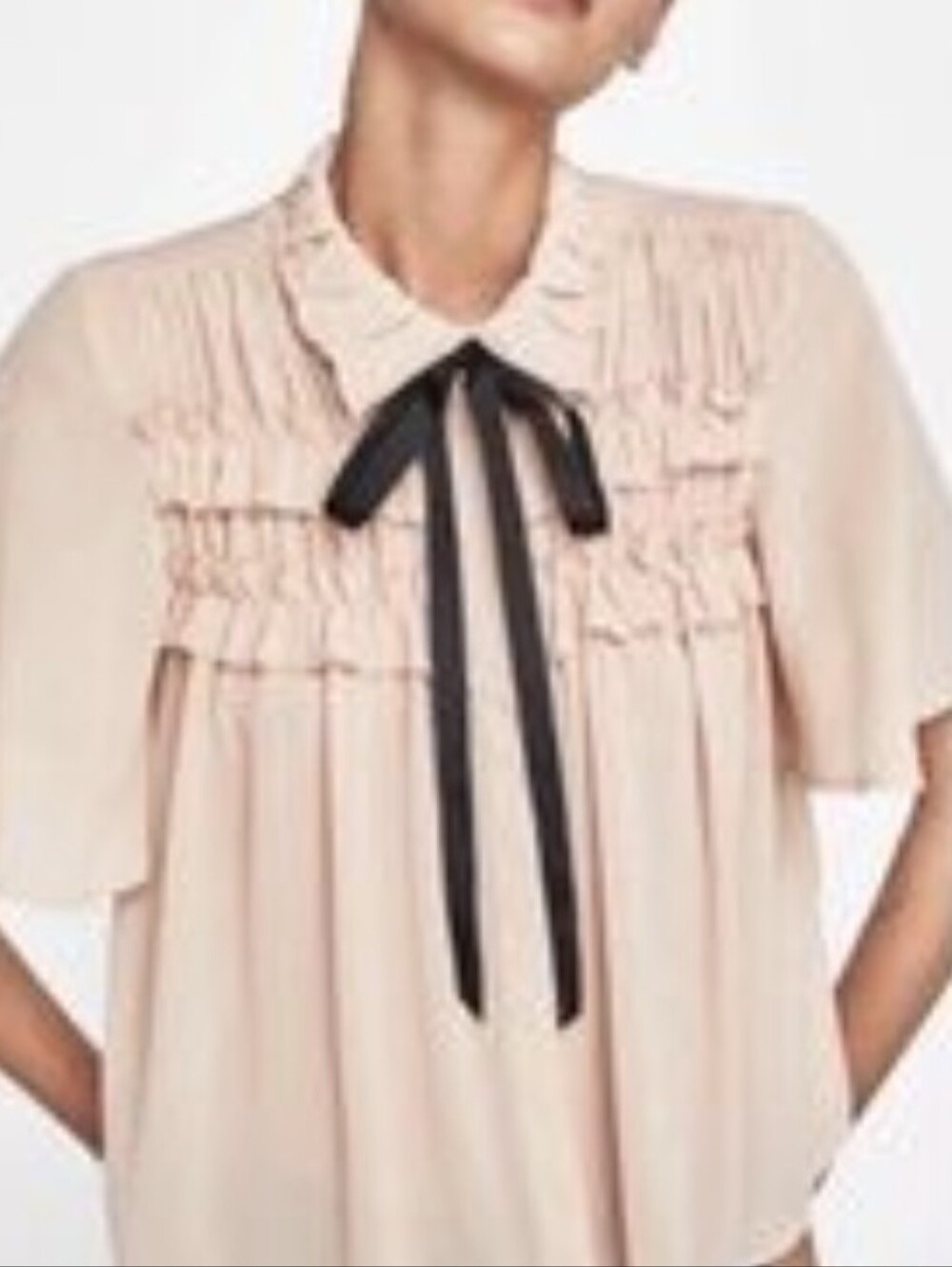 Zara Small Pleated Collar Bow Front Blouse Blush